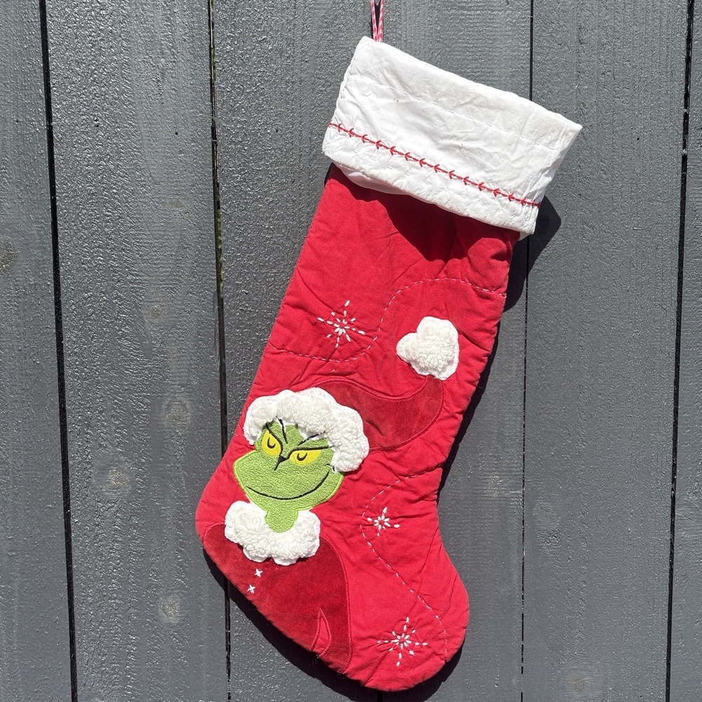 Pottery Barn Dr Seuss Grinch Christmas Stocking Holiday Quilted Hook No Mono